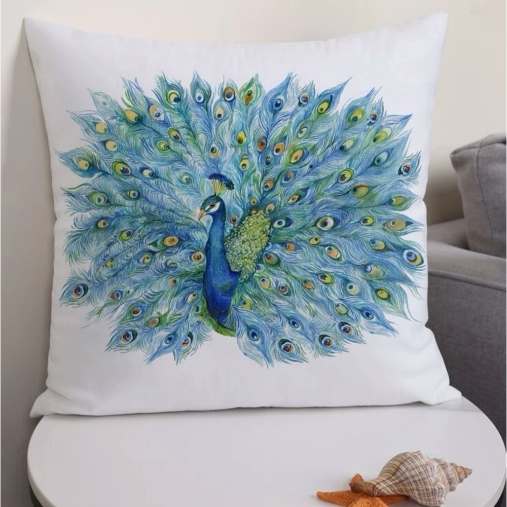 Pillow Cover Peacock Print Zipper Closure Decorative Large Square 17.7 in - Picture 6 of 16
